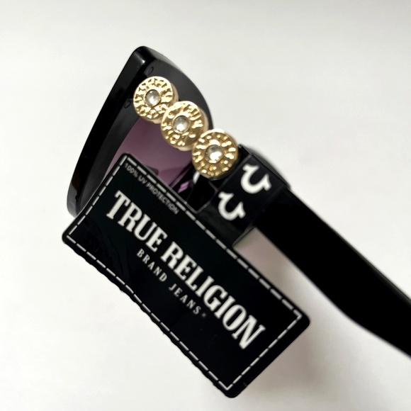 NWT True Religion Cat Eye Sunglasses Black Gold Logo Studs Rhinestone Gradient - Picture 4 of 7